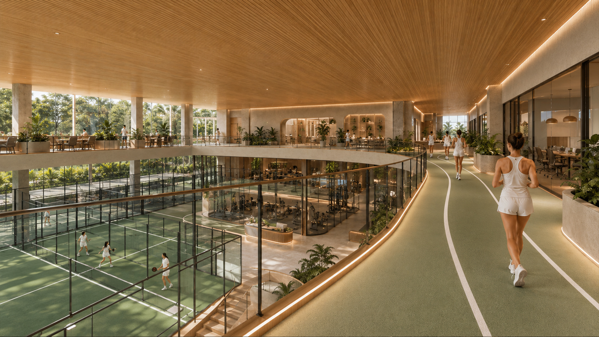 Indoor running track above the padel courts and gym